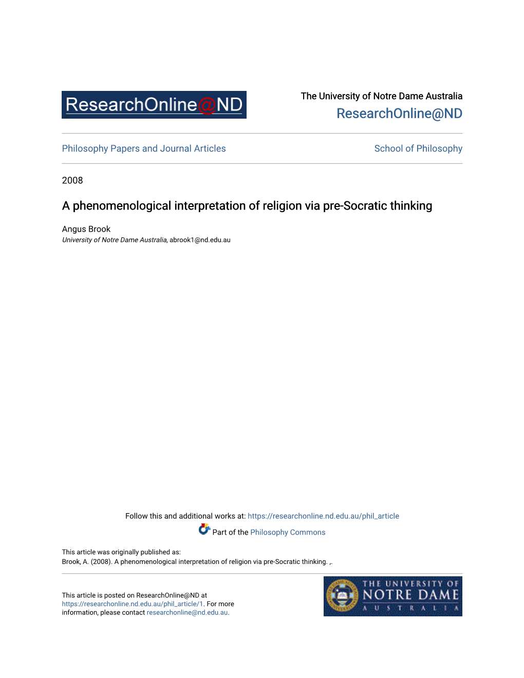 A Phenomenological Interpretation of Religion Via Pre-Socratic Thinking