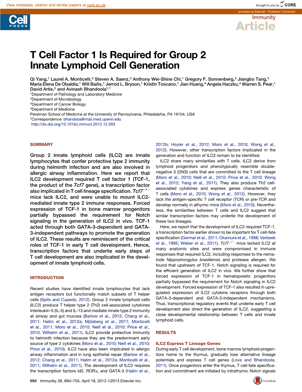 T Cell Factor 1 Is Required for Group 2 Innate Lymphoid Cell Generation