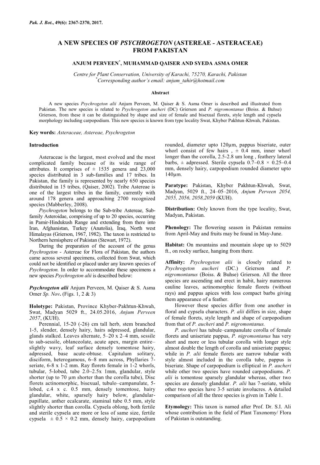 A New Species of Psychrogeton (Astereae ˗ Asteraceae) from Pakistan