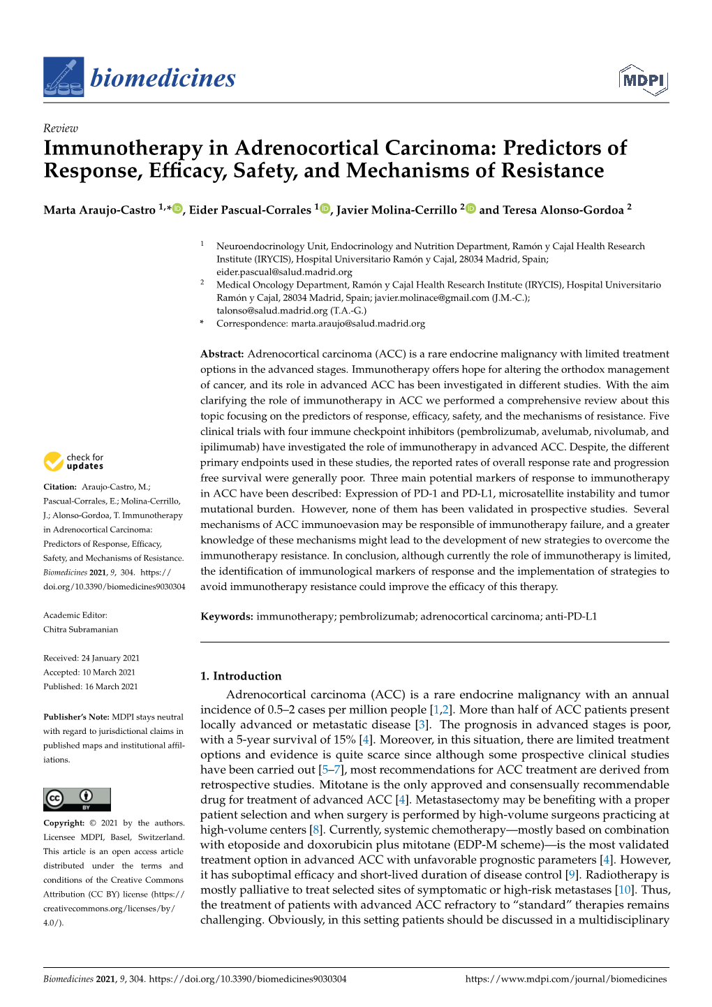 Immunotherapy in Adrenocortical Carcinoma: Predictors of Response, Efﬁcacy, Safety, and Mechanisms of Resistance