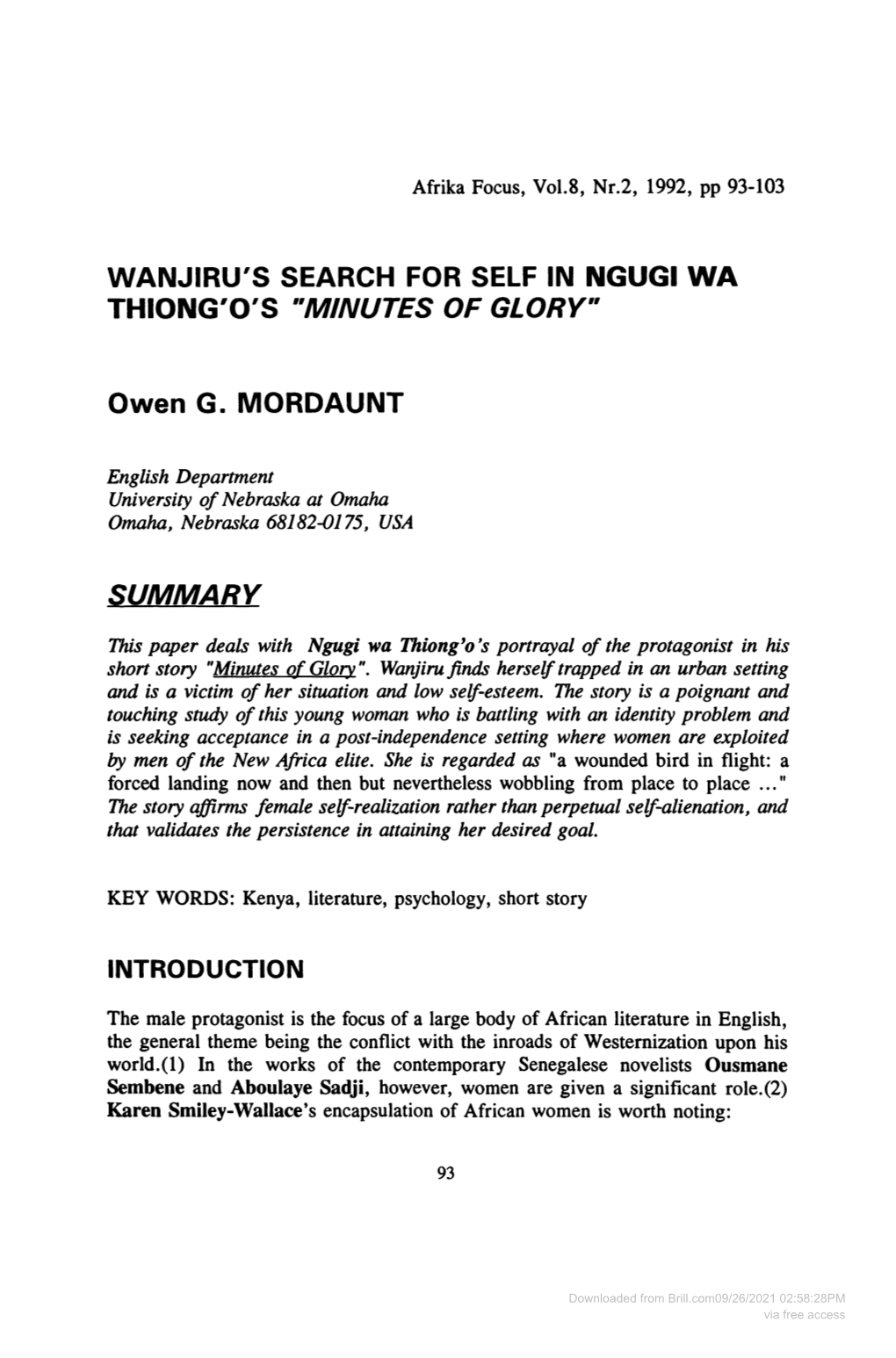 Wanjiru's Search for Self in Ngugi Wa Thiong'o's 