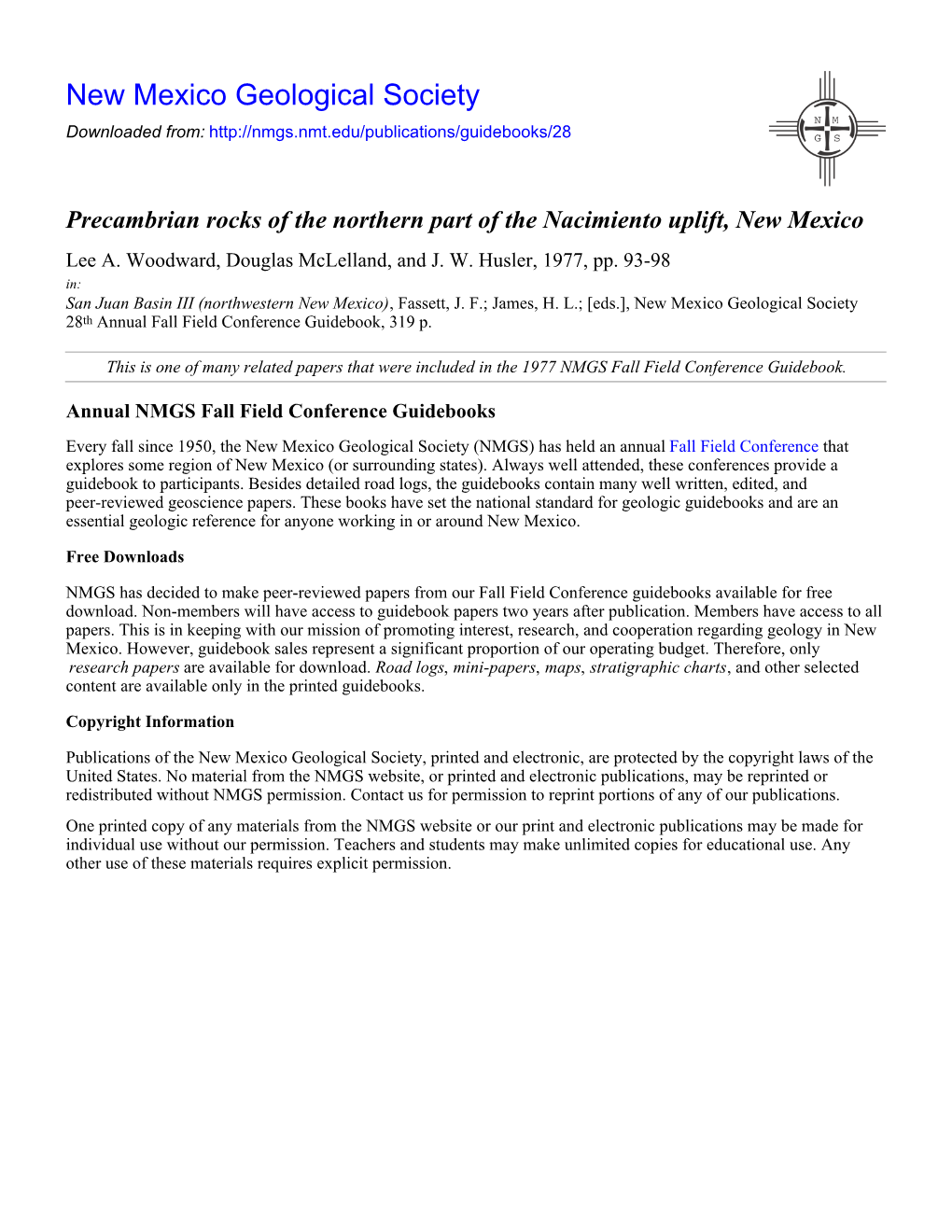 Precambrian Rocks of the Northern Part of the Nacimiento Uplift, New Mexico Lee A