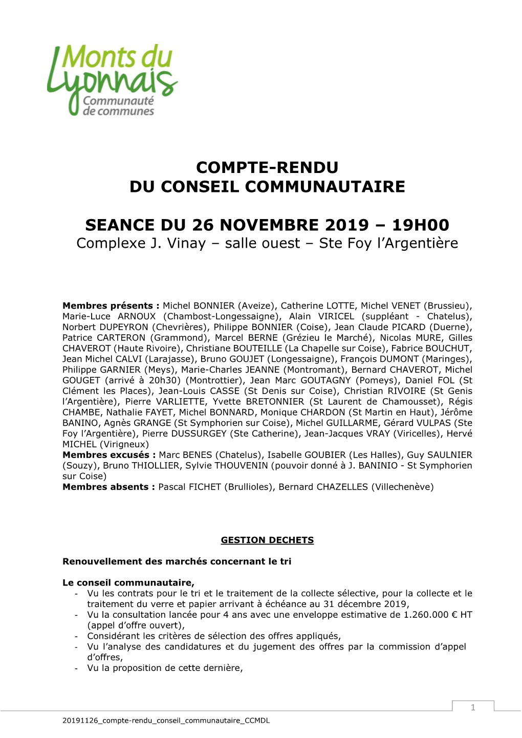 Compte-Rendu Du Conseil Communautaire Seance Du 26