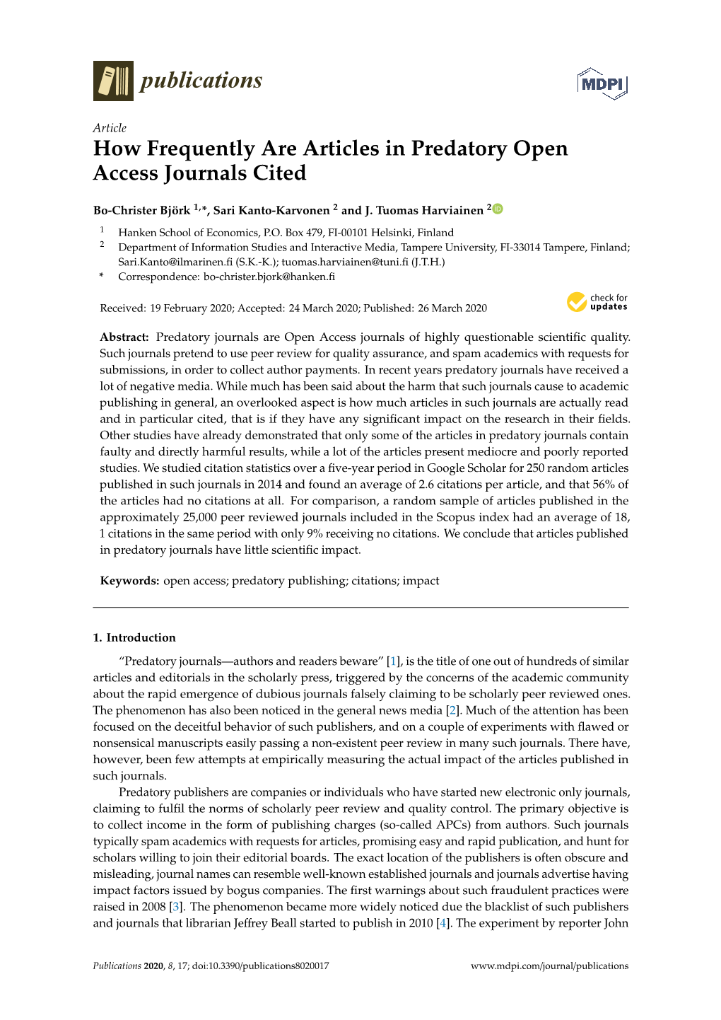 How Frequently Are Articles in Predatory Open Access Journals Cited