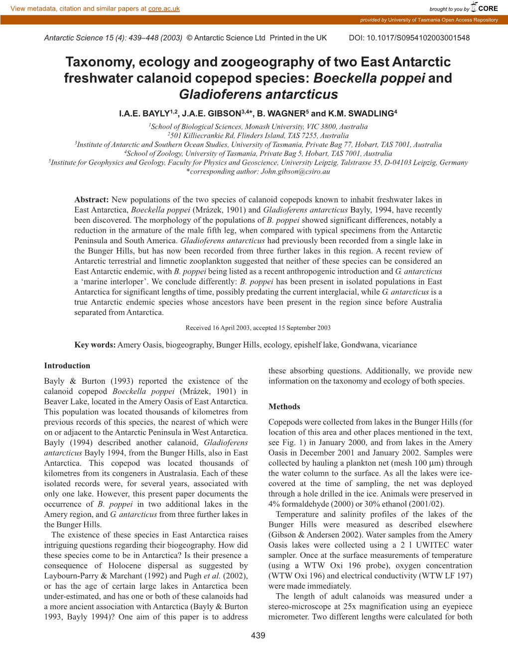 Boeckella Poppei and Gladioferens Antarcticus I.A.E
