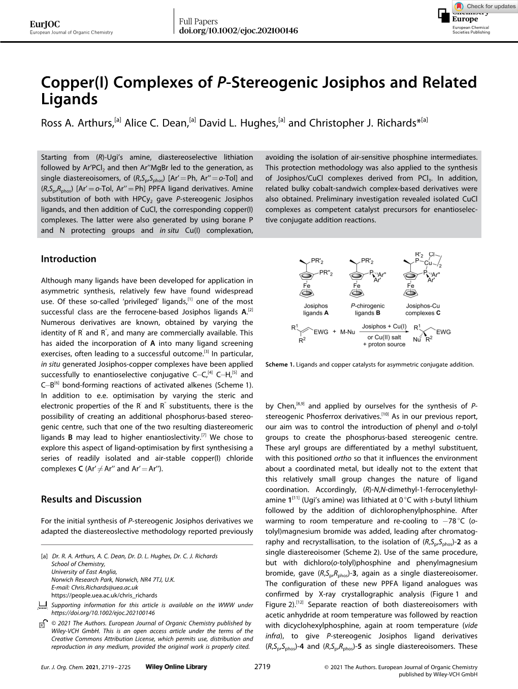 Copper(I) Complexes of P‐Stereogenic Josiphos and Related Ligands