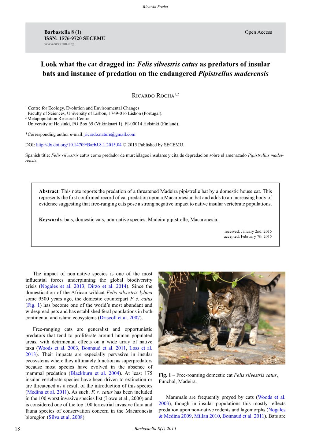 Look What the Cat Dragged In: Felis Silvestris Catus As Predators of Insular Bats and Instance of Predation on the Endangered Pipistrellus Maderensis