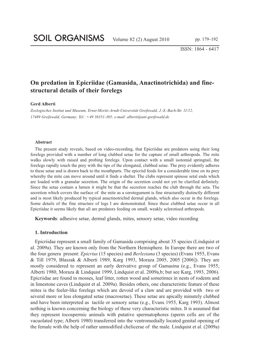 On Predation in Epicriidae (Gamasida, Anactinotrichida) and Fine- Structural Details of Their Forelegs