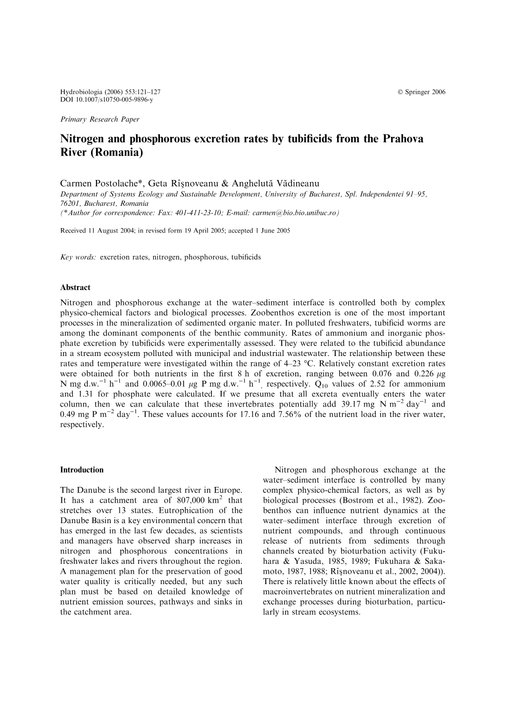 Nitrogen and Phosphorous Excretion Rates by Tubificids from the Prahova