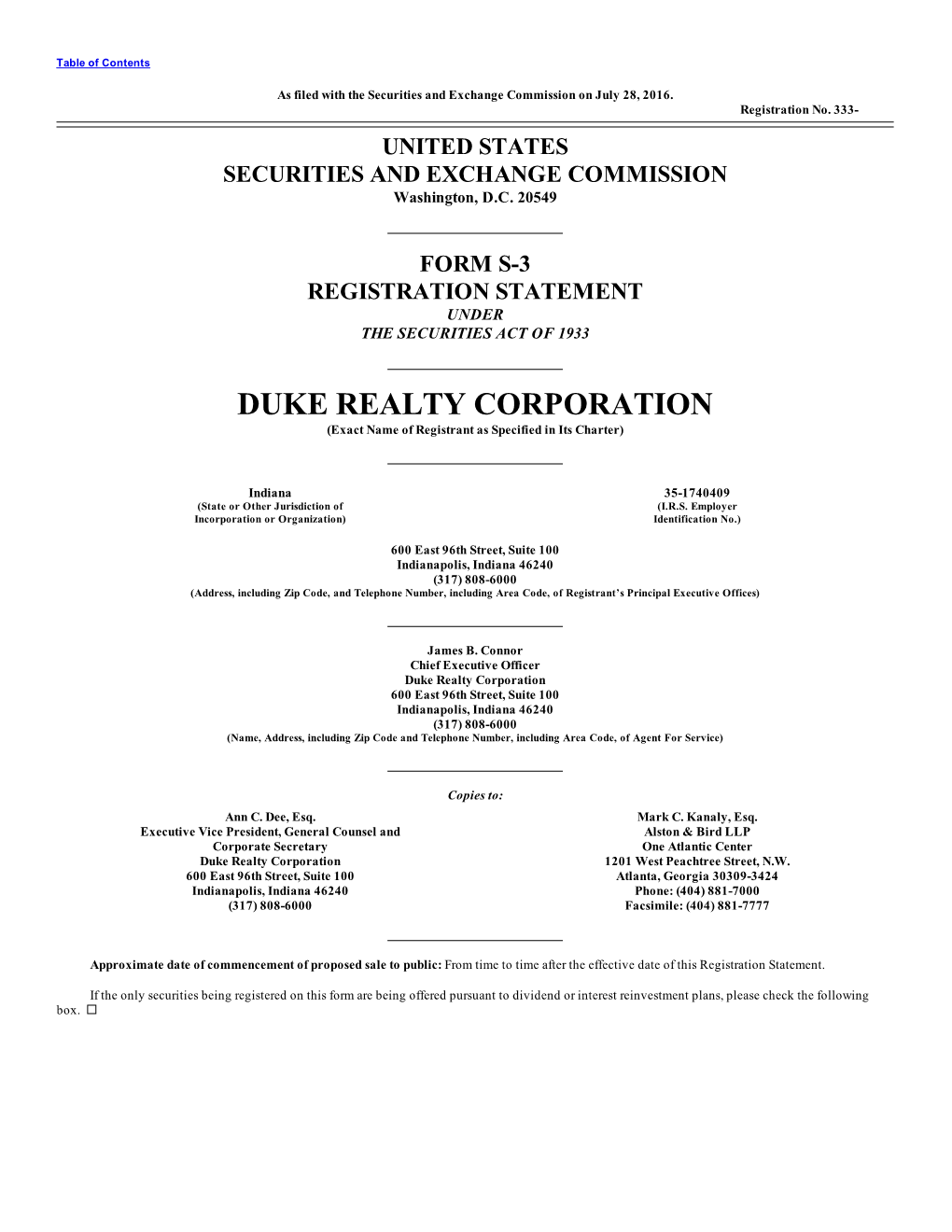 DUKE REALTY CORPORATION (Exact Name of Registrant As Specified in Its Charter)