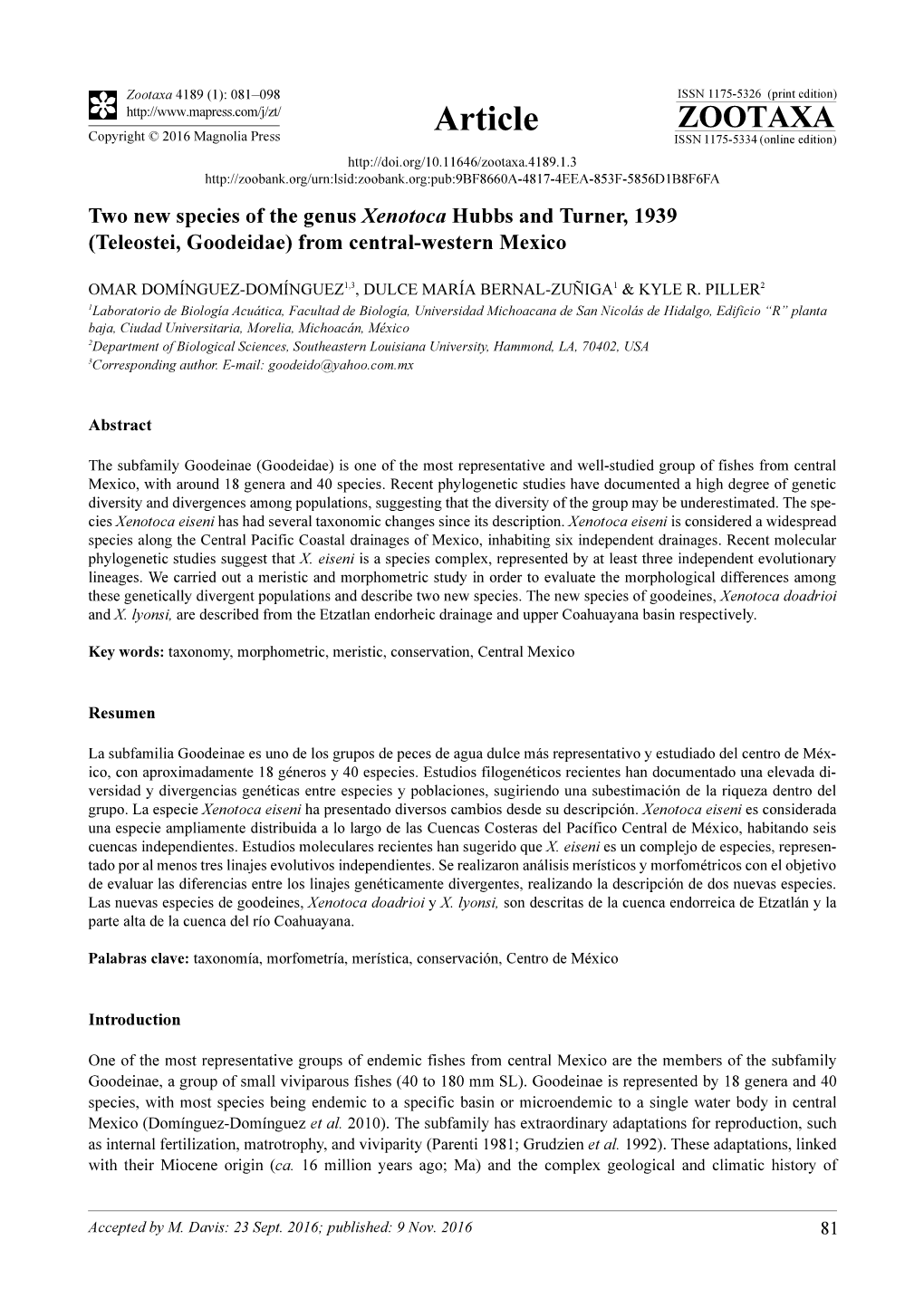 Two New Species of the Genus Xenotoca Hubbs and Turner, 1939 (Teleostei, Goodeidae) from Central-Western Mexico