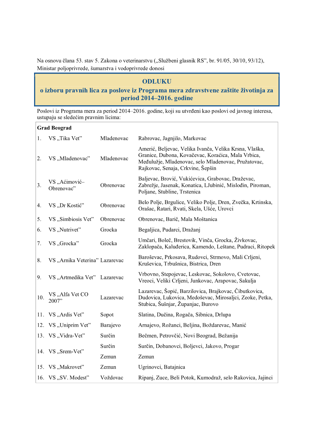 ODLUKU O Izboru Pravnih Lica Za Poslove Iz Programa Mera Zdravstvene Zaštite Životinja Za Period 2014–2016