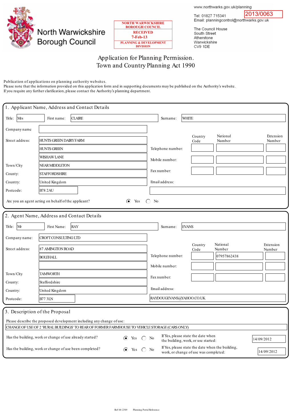 Application for Planning Permission. Town and Country Planning Act 1990