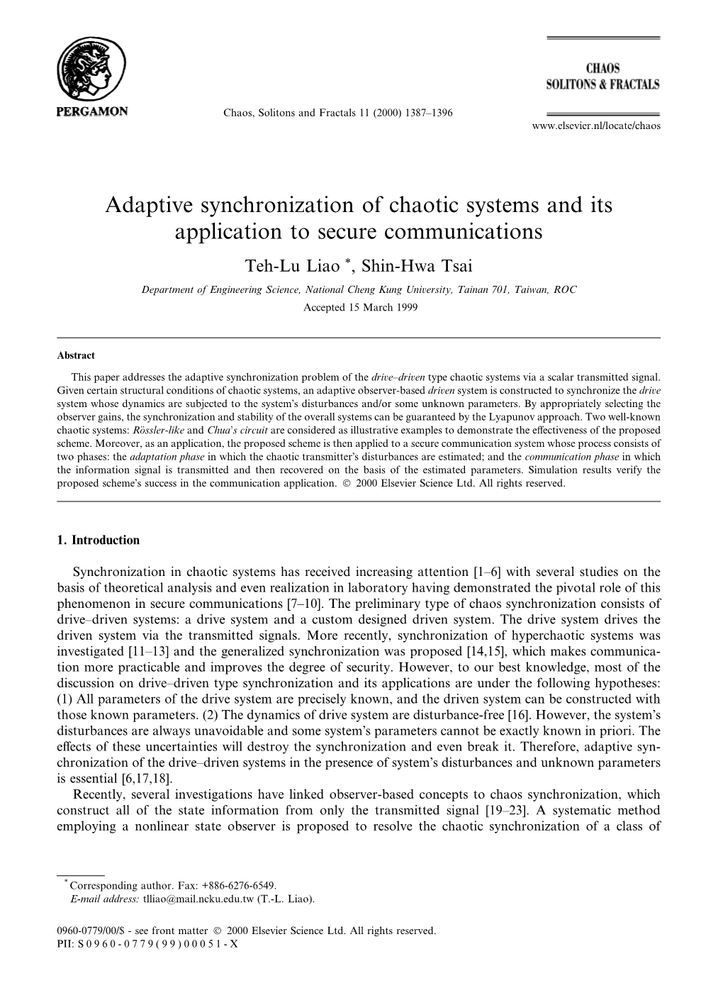 Adaptive Synchronization of Chaotic Systems and Its Application to Secure Communications