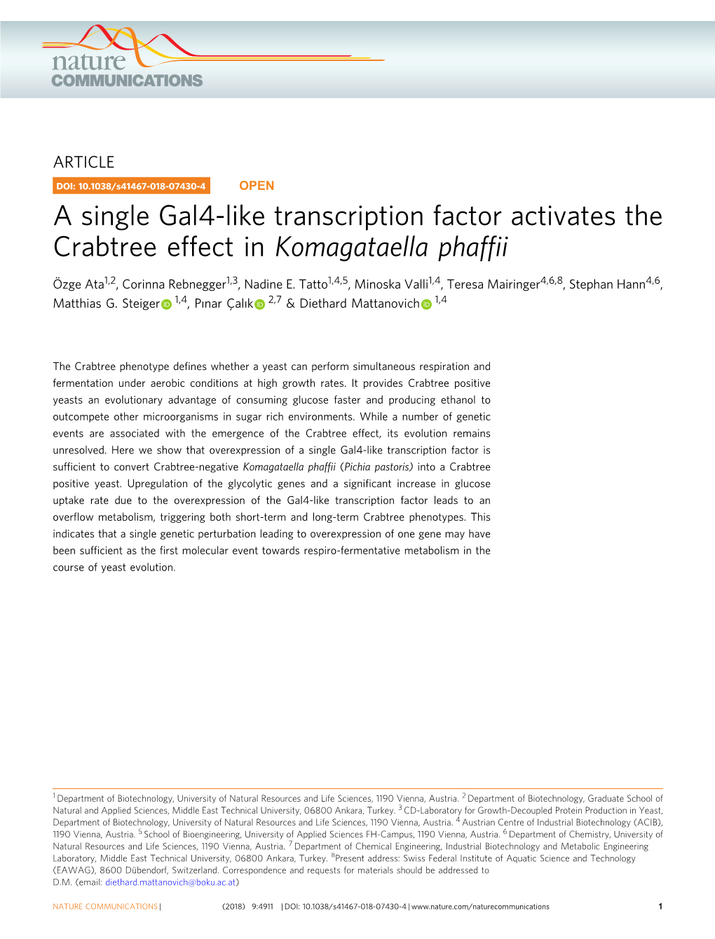 A Single Gal4-Like Transcription Factor Activates the Crabtree Effect in Komagataella Phafﬁi