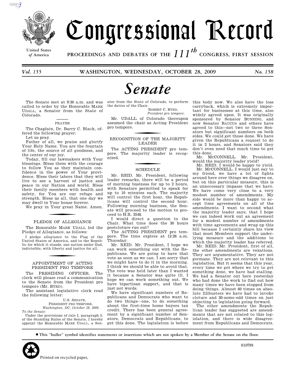 Congressional Record United States Th of America PROCEEDINGS and DEBATES of the 111 CONGRESS, FIRST SESSION