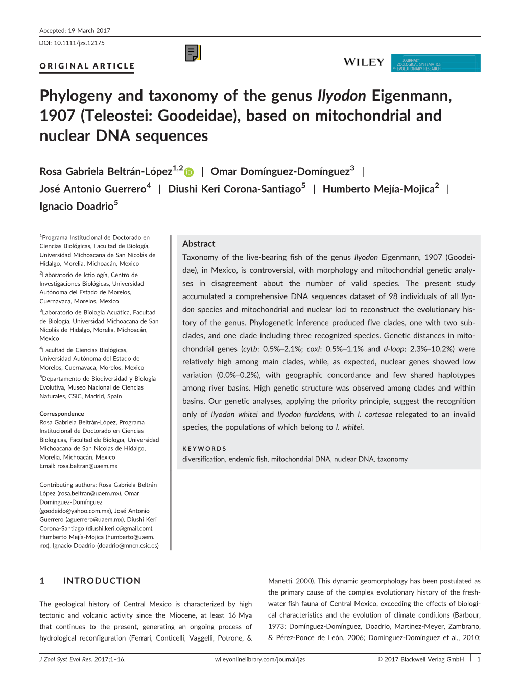 Phylogeny and Taxonomy of the Genus Ilyodon Eigenmann, 1907 (Teleostei: Goodeidae), Based on Mitochondrial and Nuclear DNA Sequences