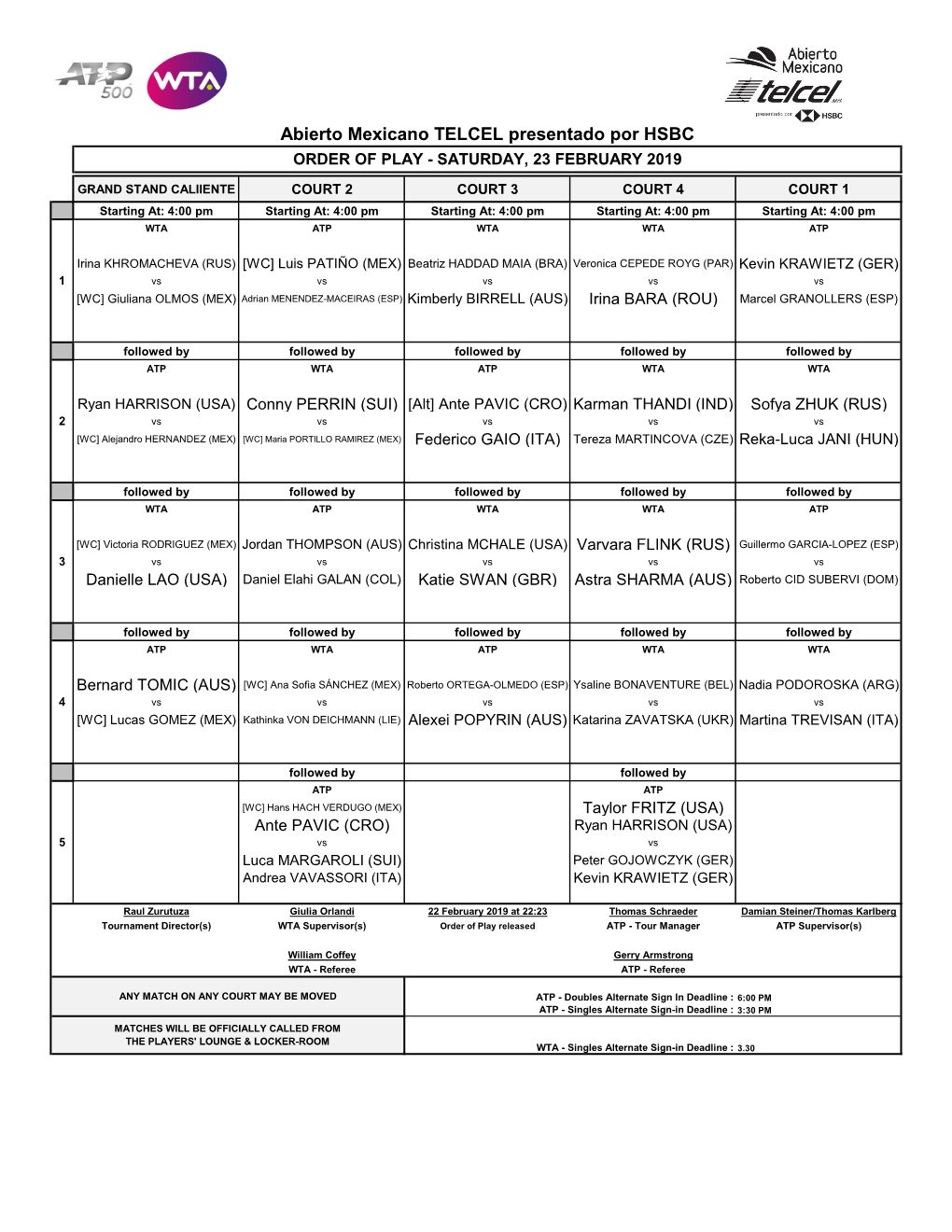 Abierto Mexicano TELCEL Presentado Por HSBC ORDER of PLAY - SATURDAY, 23 FEBRUARY 2019