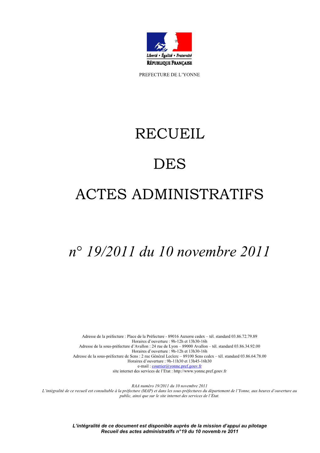 RECUEIL DES ACTES ADMINISTRATIFS N° 19/2011 Du