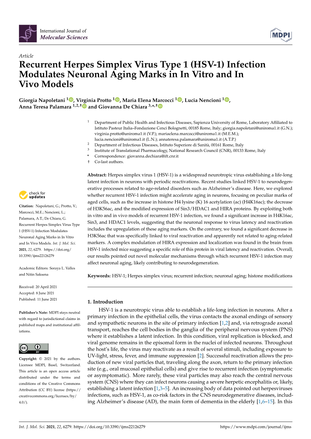 Recurrent Herpes Simplex Virus Type 1 (HSV-1) Infection Modulates Neuronal Aging Marks in in Vitro and in Vivo Models