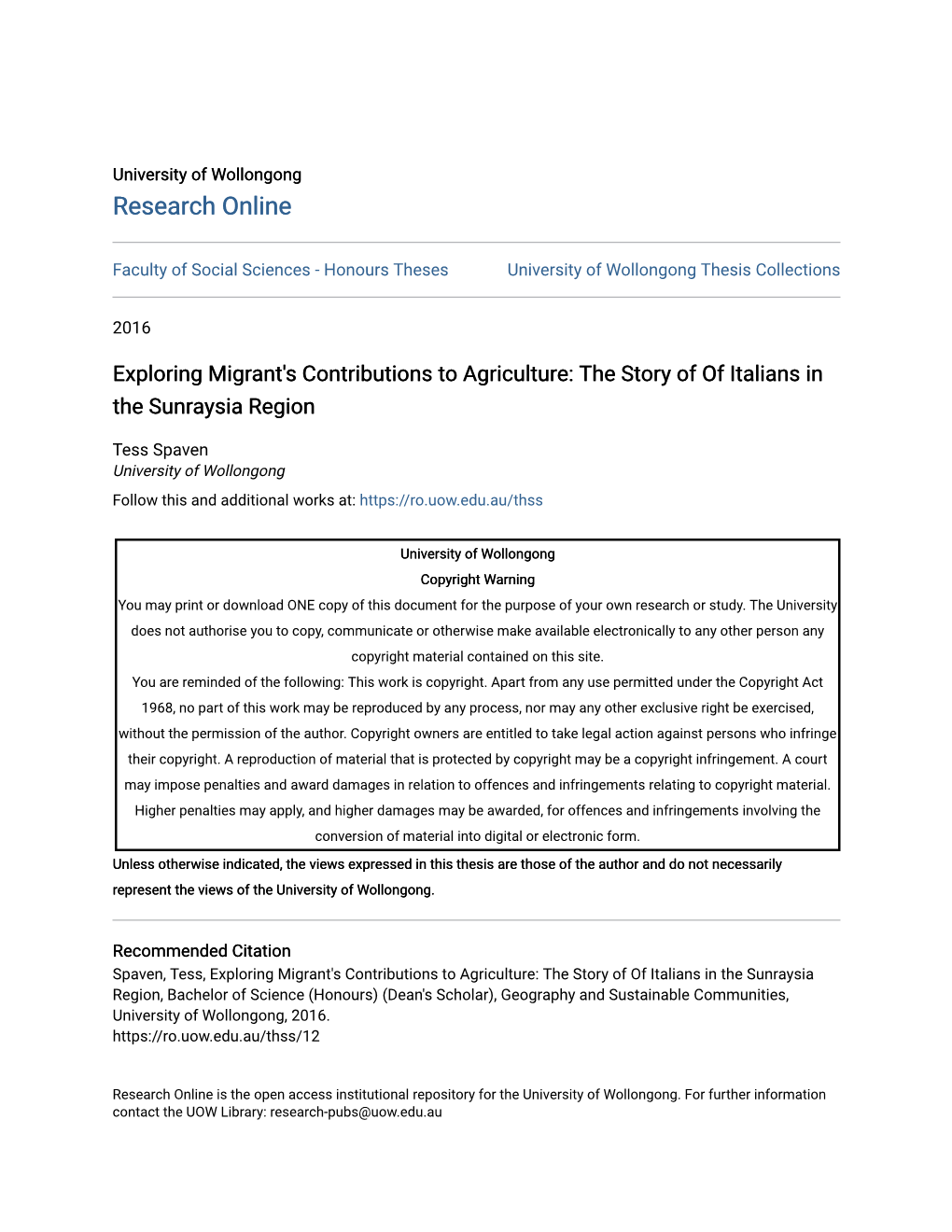 Exploring Migrant's Contributions to Agriculture: the Story of of Italians in the Sunraysia Region