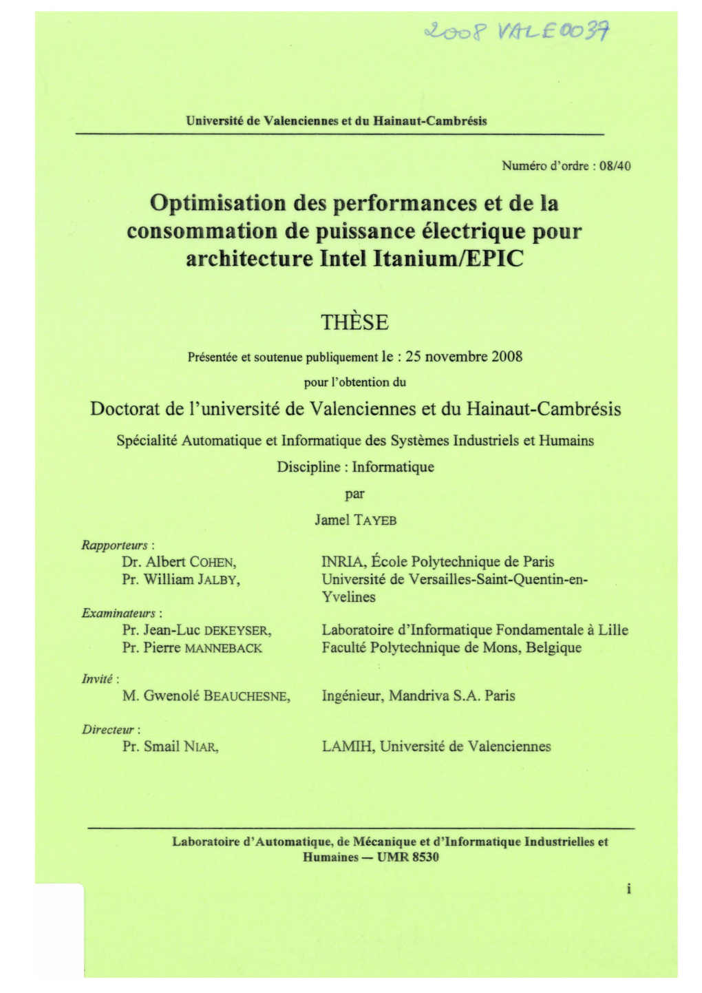 Optimisation Des Performances Et De La Consommation De Puissance Électrique Pour Architecture Intel Ltanium/EPIC