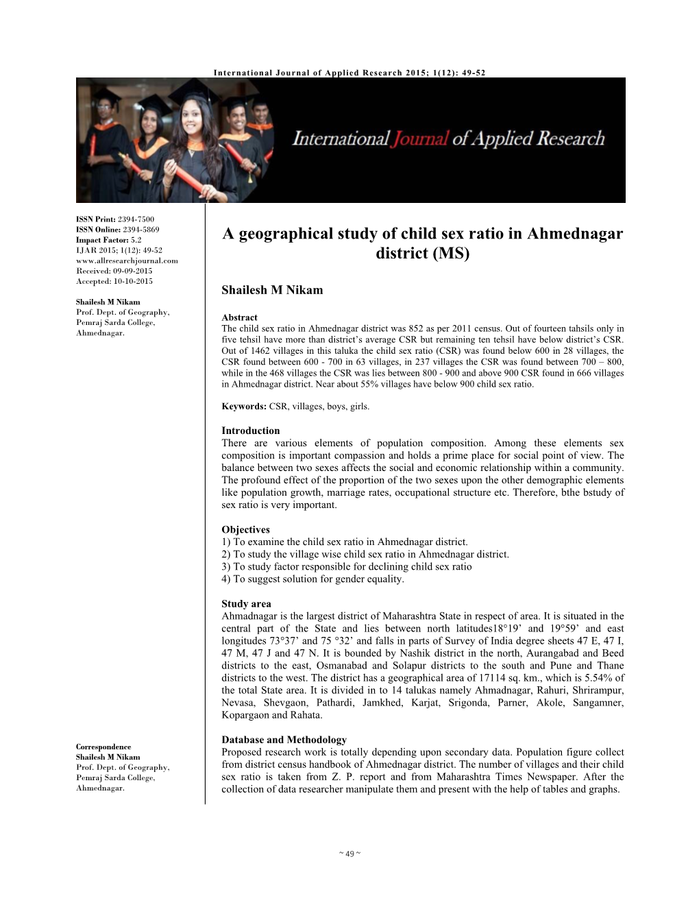 A Geographical Study of Child Sex Ratio in Ahmednagar District (MS)