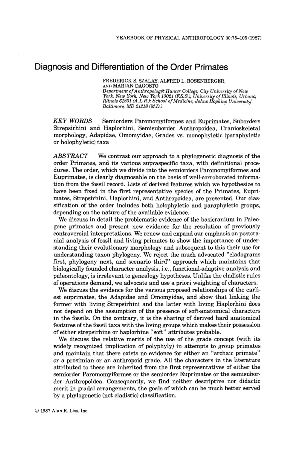 Diagnosis and Differentiation of the Order Primates