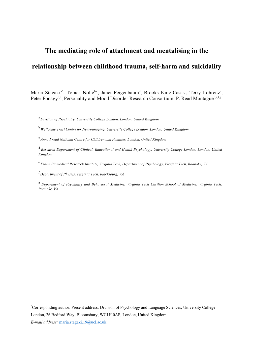 The Mediating Role of Attachment and Mentalising in the Relationship Between Childhood Trauma, Self-Harm and Suicidality