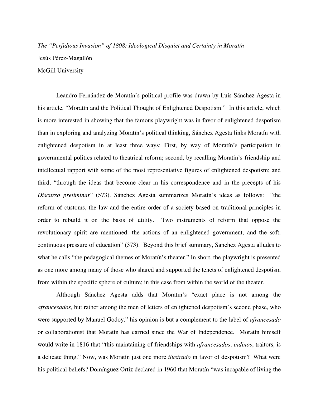 Of 1808: Ideological Disquiet and Certainty in Moratín Jesús Pérez-Magallón Mcgill University