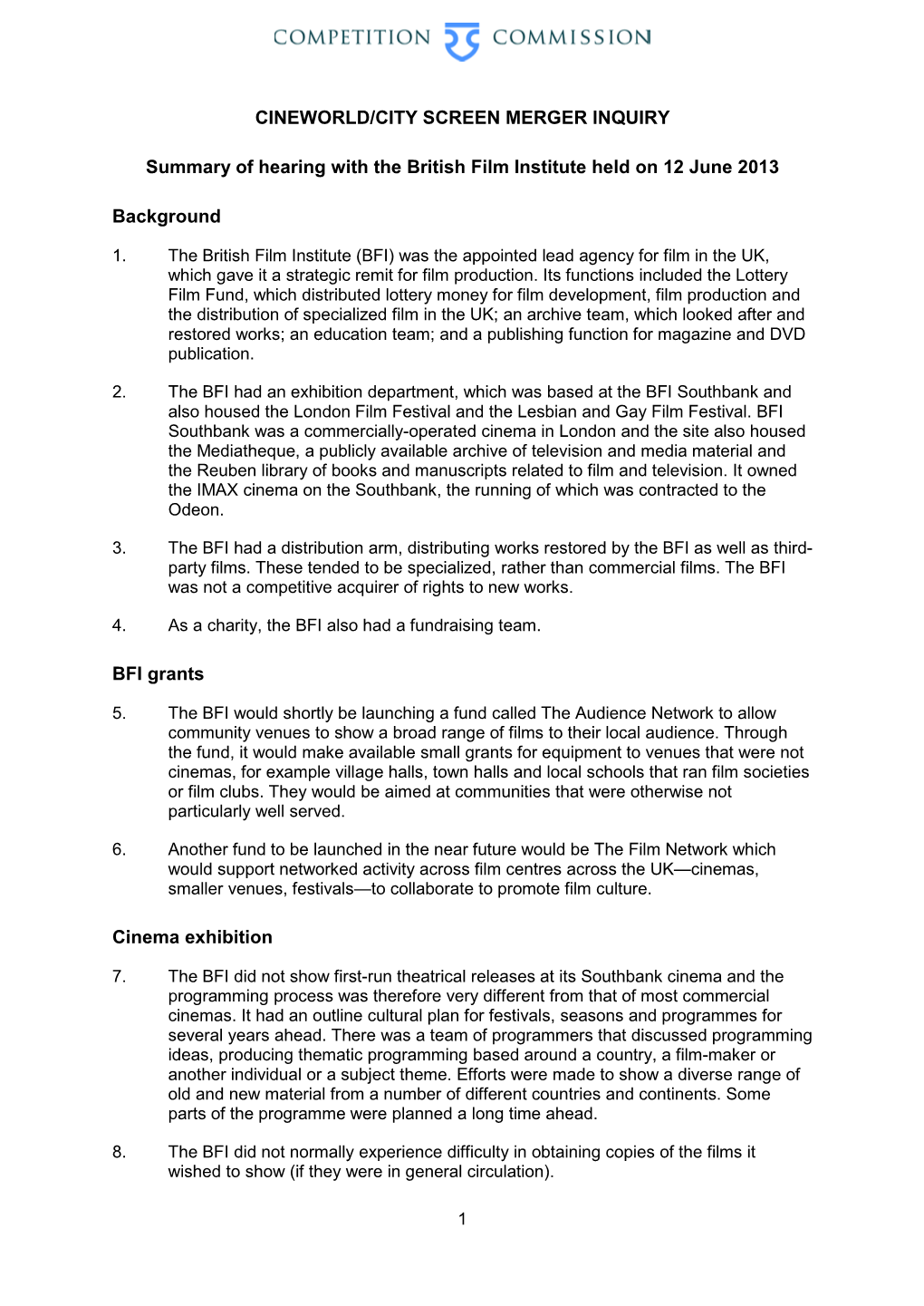 Summary of Hearing with the British Film Institute Held on 12 June 2013