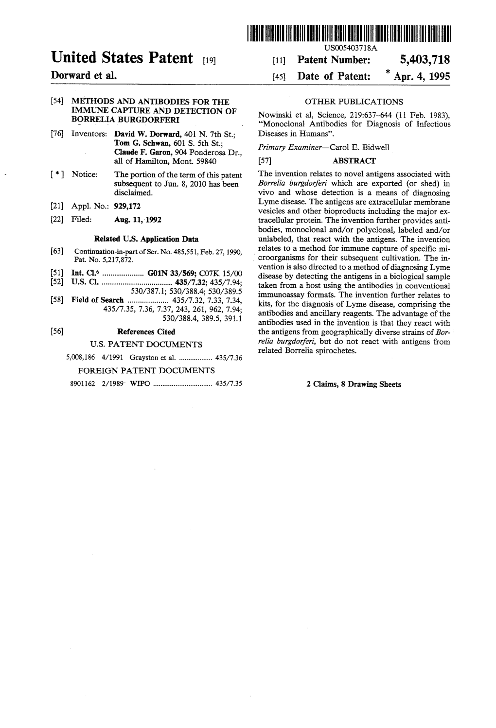 United States Patent [191 [11] Patent Number: 5,403,718 Durward Et Al
