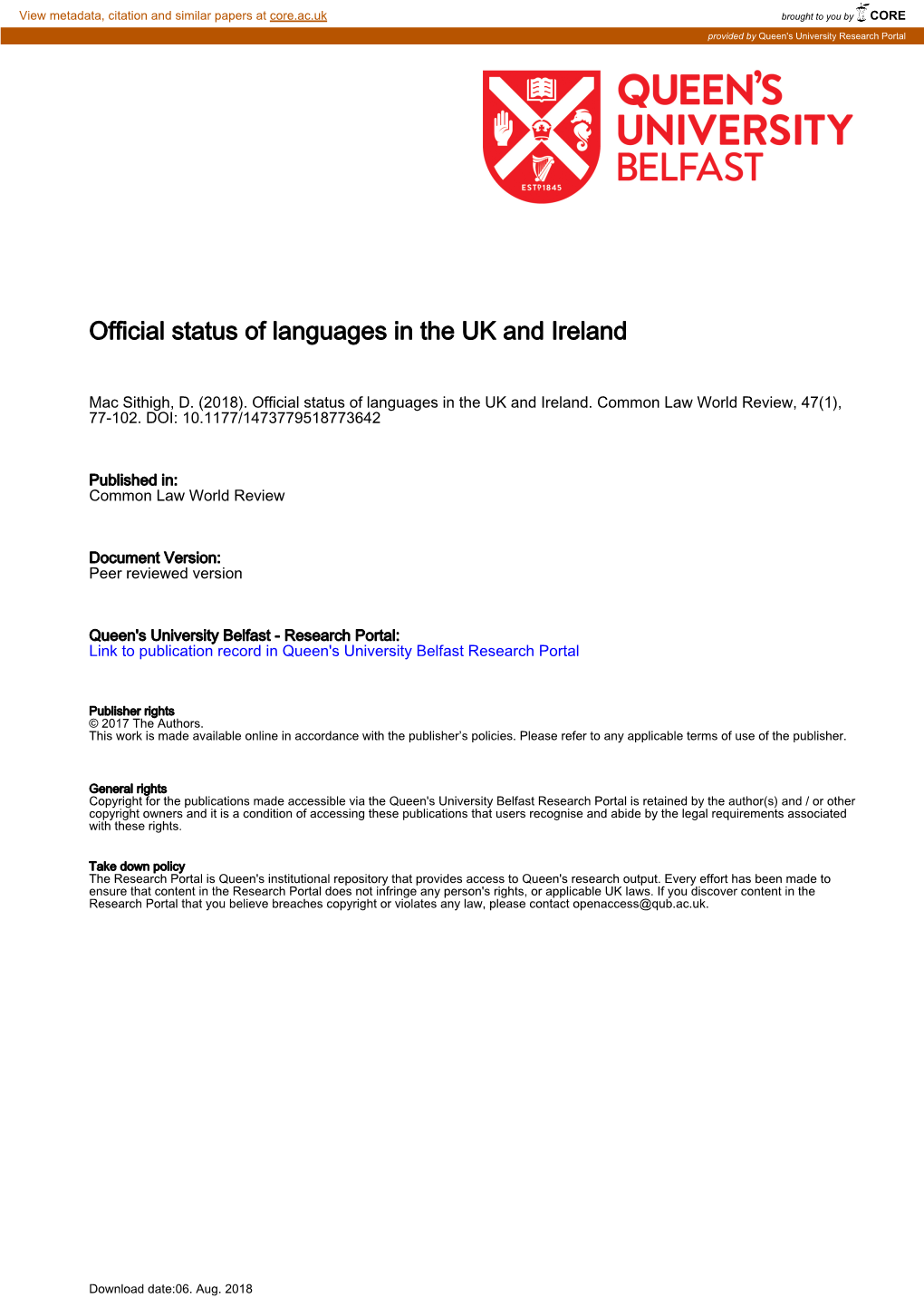 Official Status of Languages in the UK and Ireland