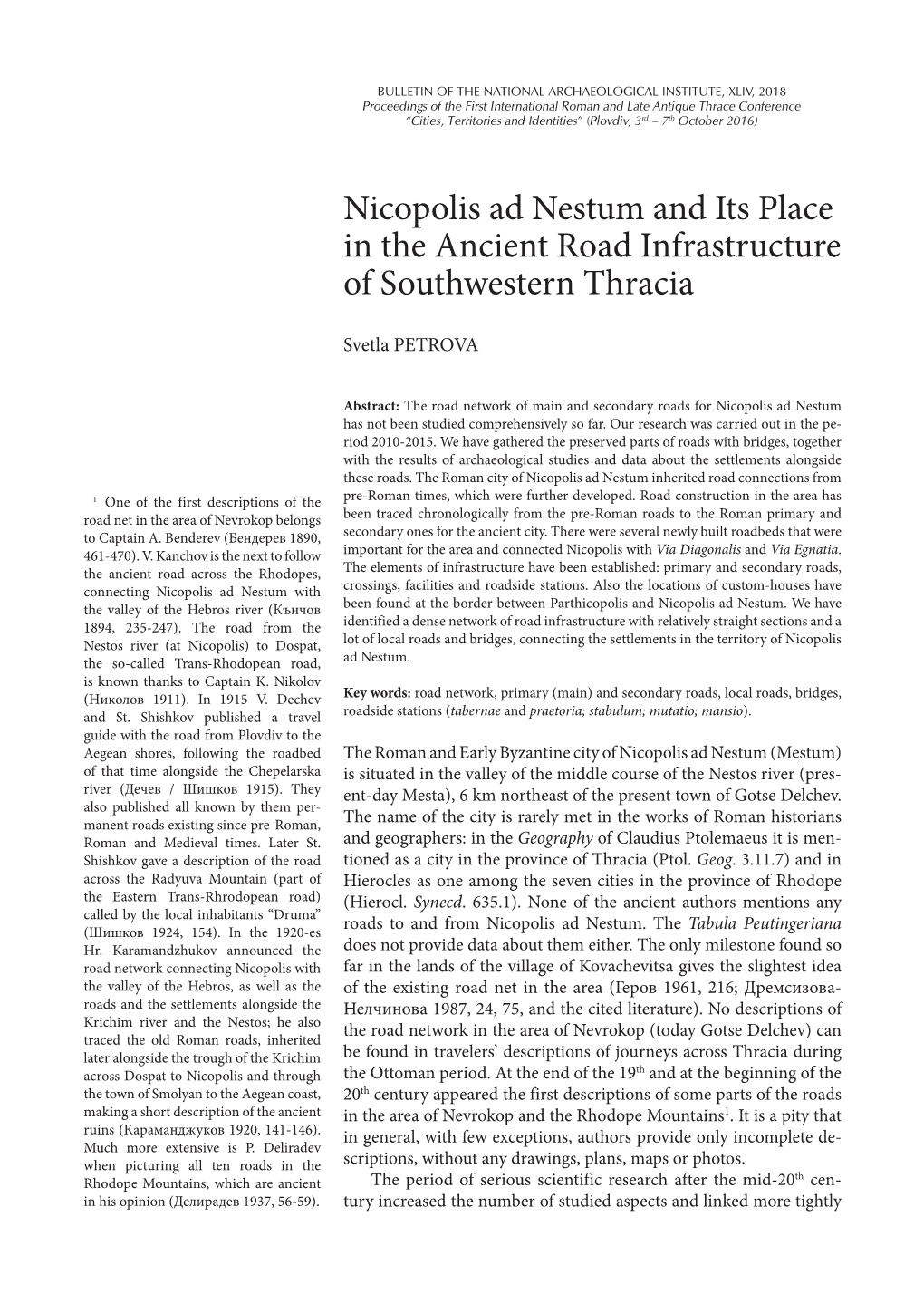 Nicopolis Ad Nestum and Its Place in the Ancient Road Infrastructure of Southwestern Thracia