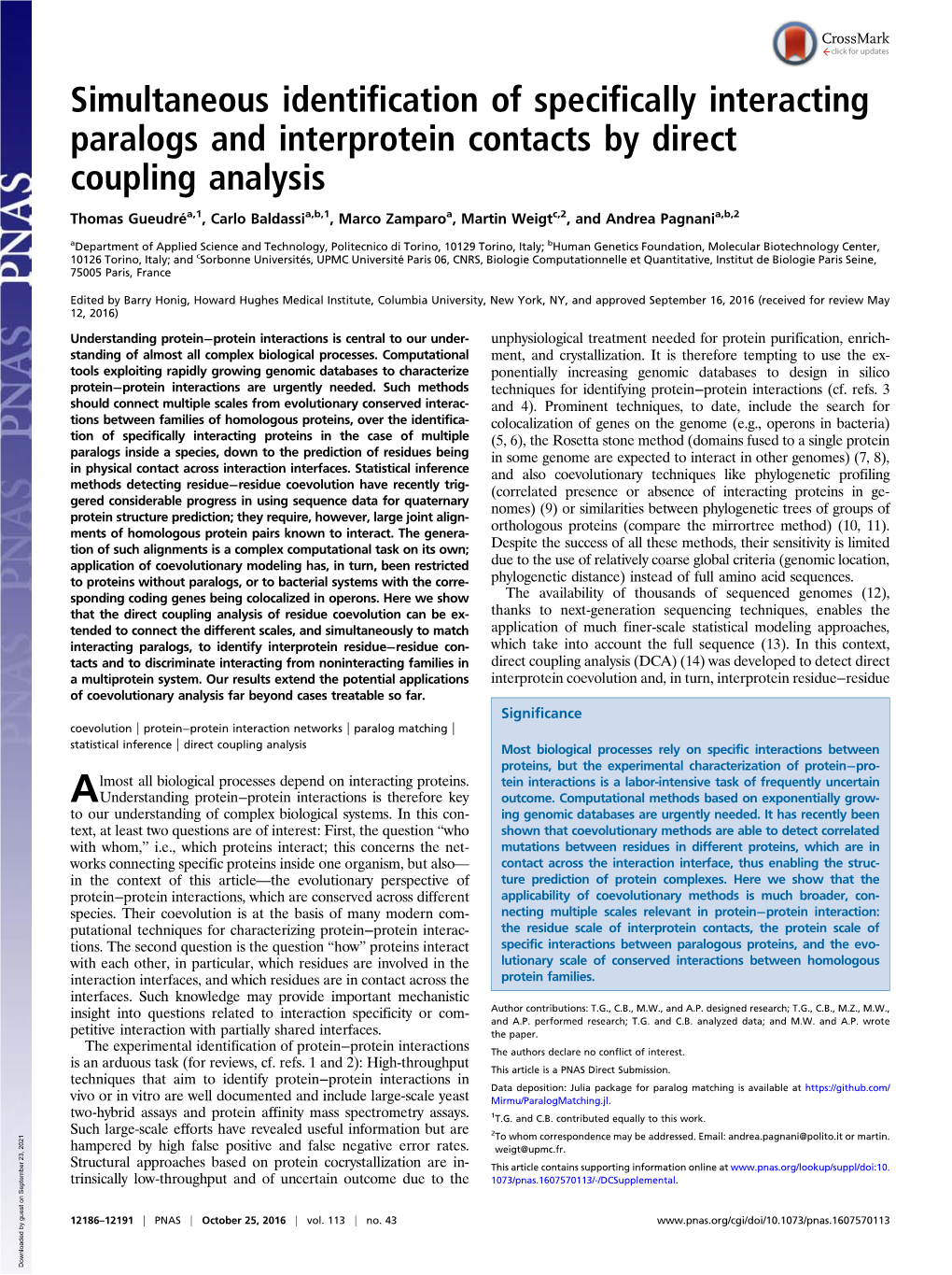 Simultaneous Identification of Specifically Interacting Paralogs and Interprotein Contacts by Direct Coupling Analysis