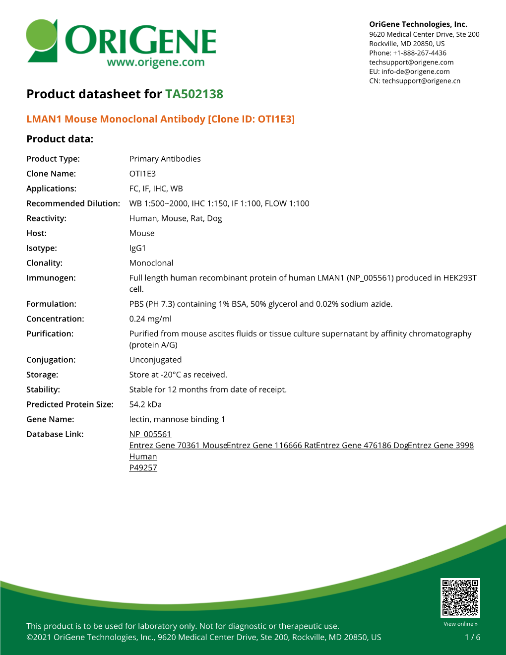 LMAN1 Mouse Monoclonal Antibody [Clone ID: OTI1E3] – TA502138