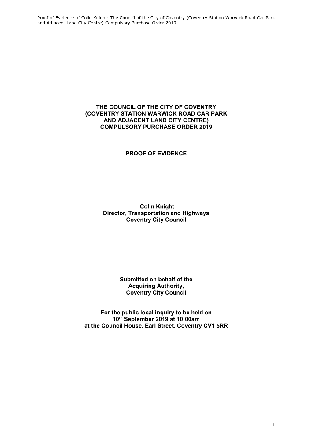 (Coventry Station Warwick Road Car Park and Adjacent Land City Centre) Compulsory Purchase Order 2019