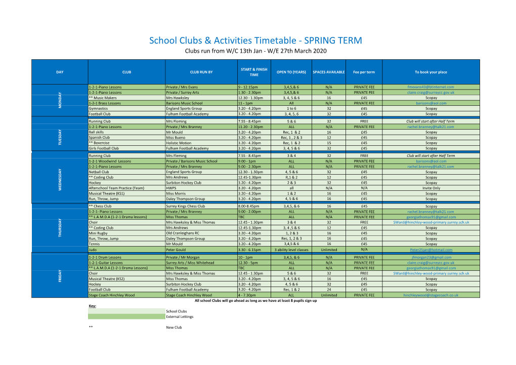 School Clubs & Activities Timetable