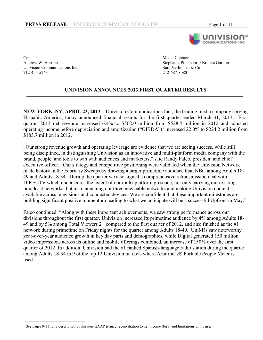 Press Release Univision Communications Inc. Univision