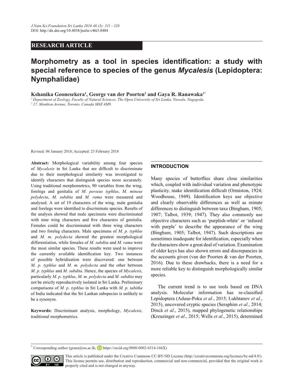 Morphometry As a Tool in Species Identification: a Study with Special Reference to Species of the Genus Mycalesis (Lepidoptera: Nymphalidae)