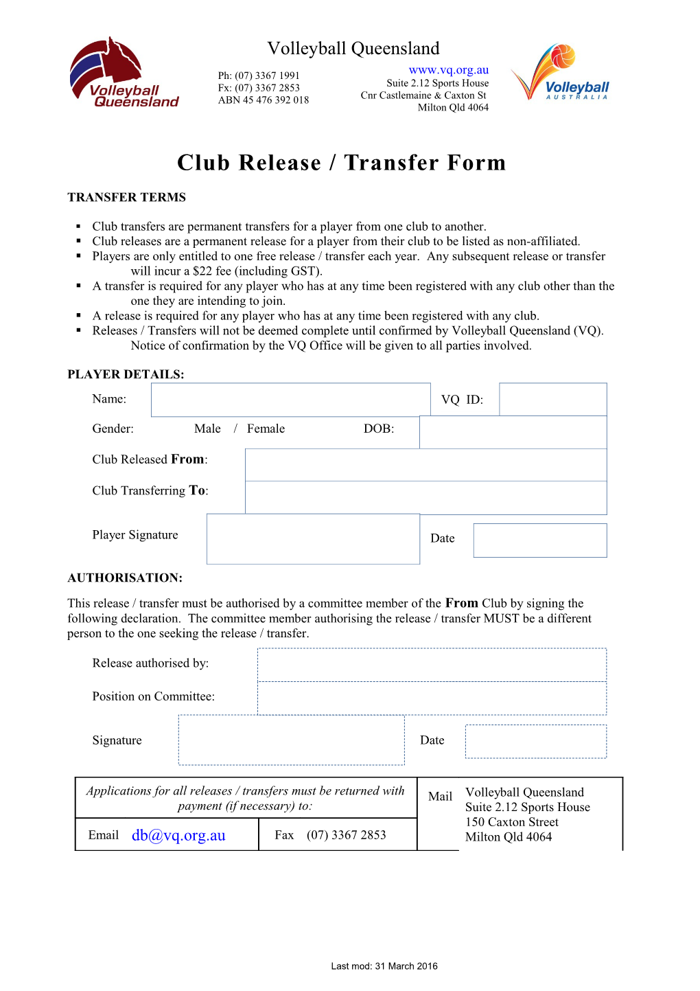 Club Release / Transfer Form