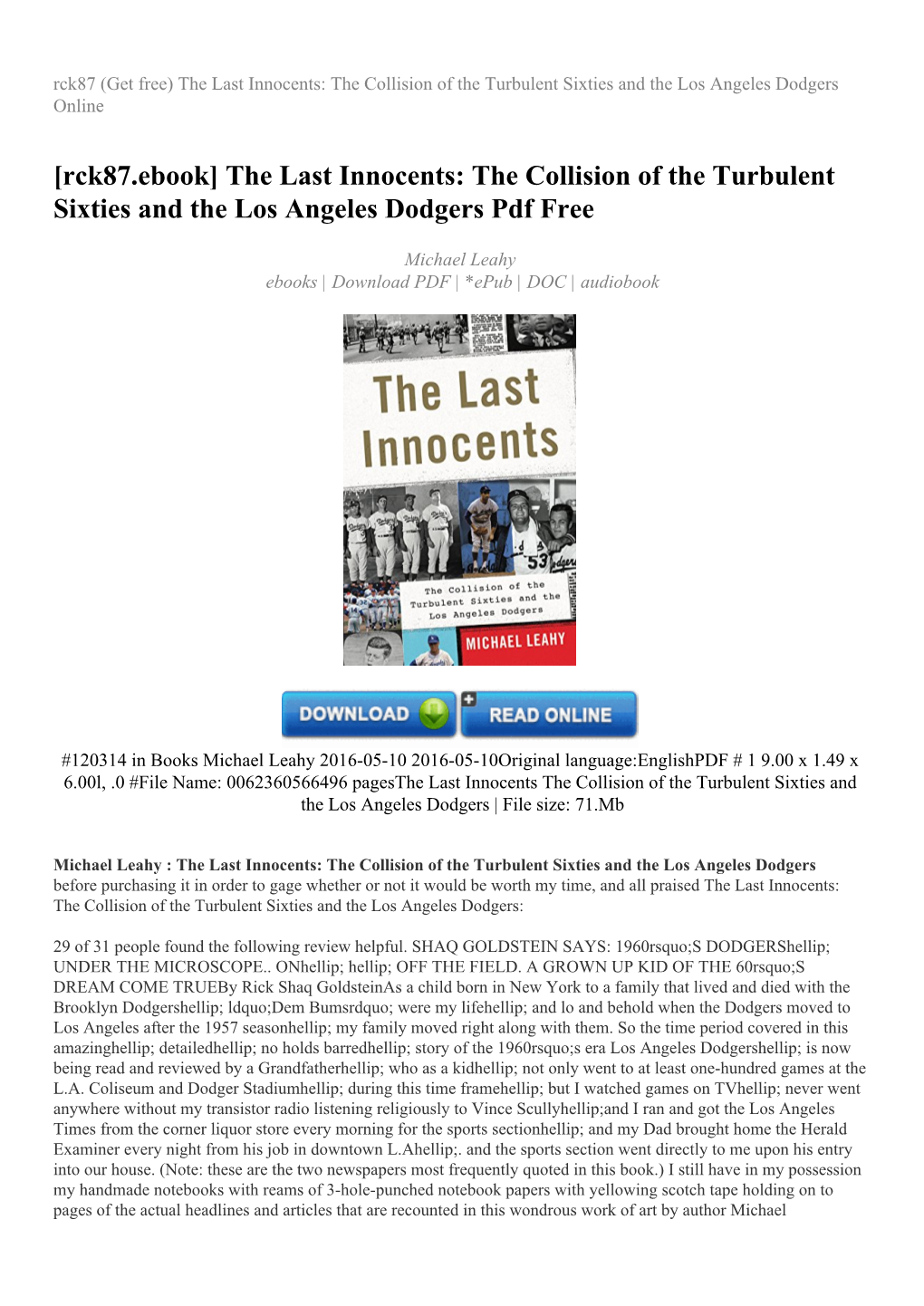 The Last Innocents: the Collision of the Turbulent Sixties and the Los Angeles Dodgers Online