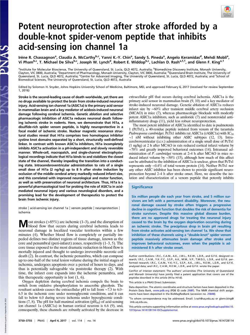 Potent Neuroprotection After Stroke Afforded by a Double-Knot Spider-Venom Peptide That Inhibits Acid-Sensing Ion Channel 1A