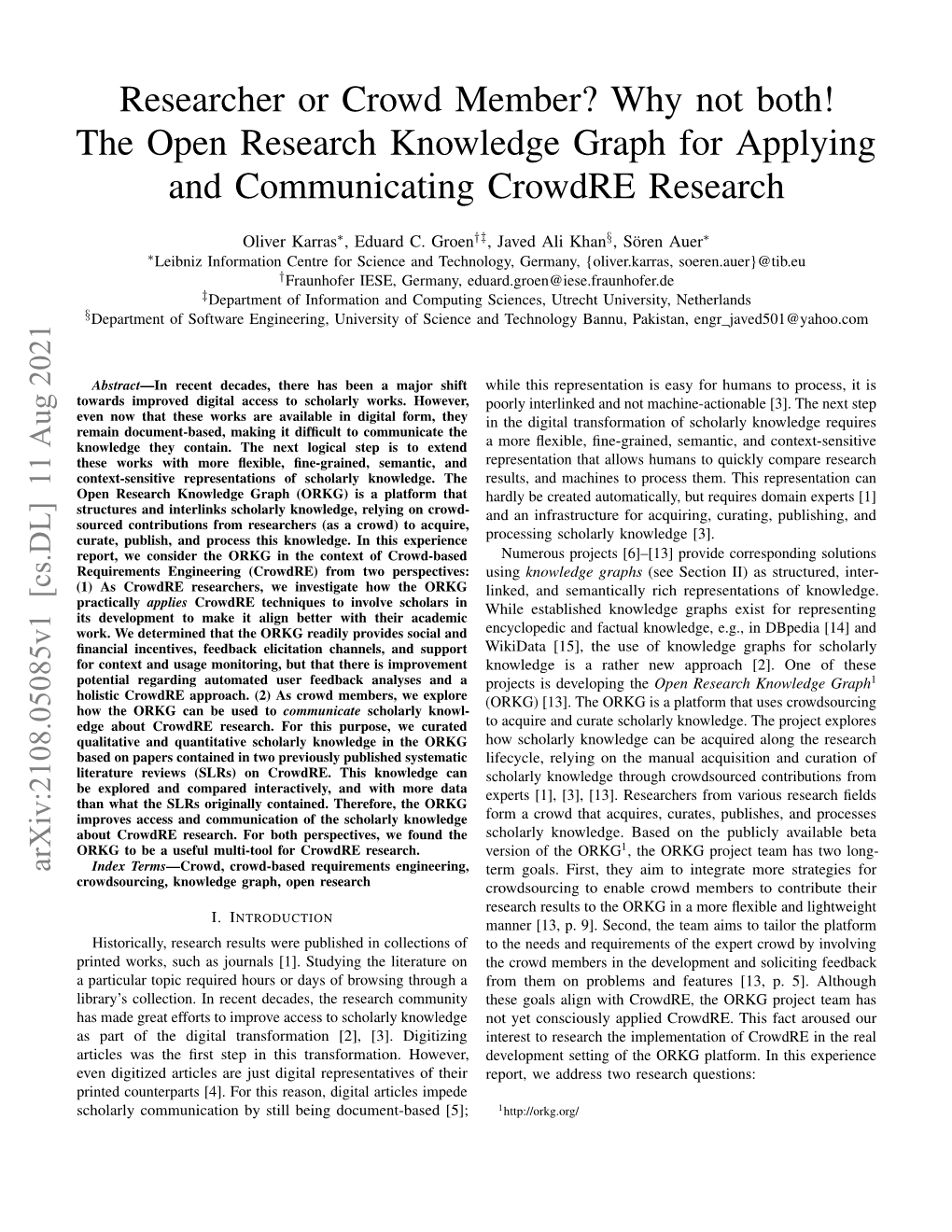 Researcher Or Crowd Member? Why Not Both! the Open Research Knowledge Graph for Applying and Communicating Crowdre Research