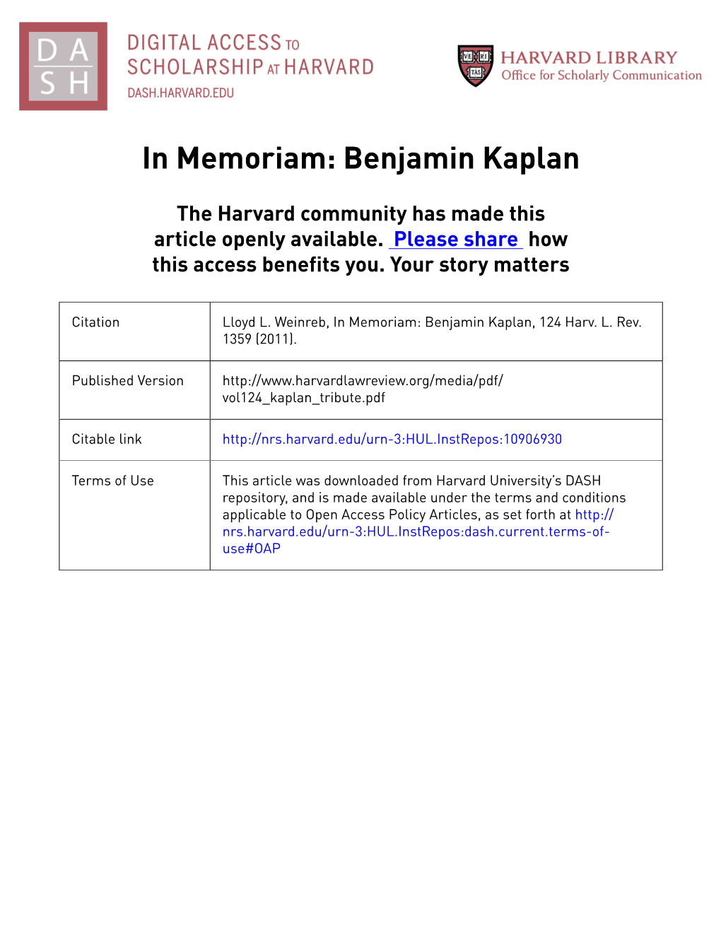 In Memoriam: Benjamin Kaplan
