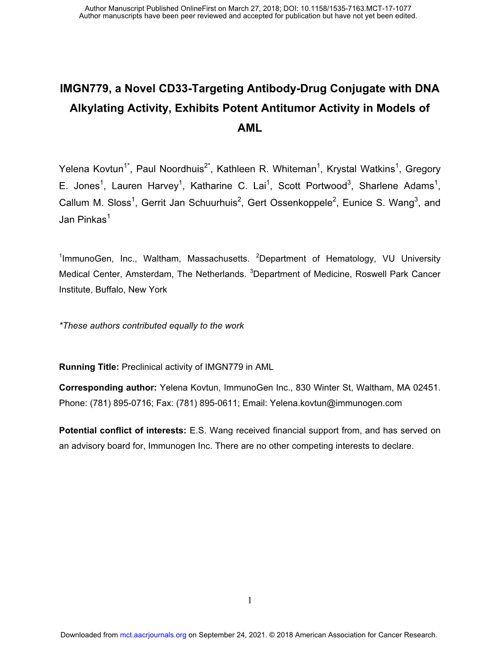 IMGN779, a Novel CD33-Targeting Antibody-Drug Conjugate with DNA Alkylating Activity, Exhibits Potent Antitumor Activity in Models of AML