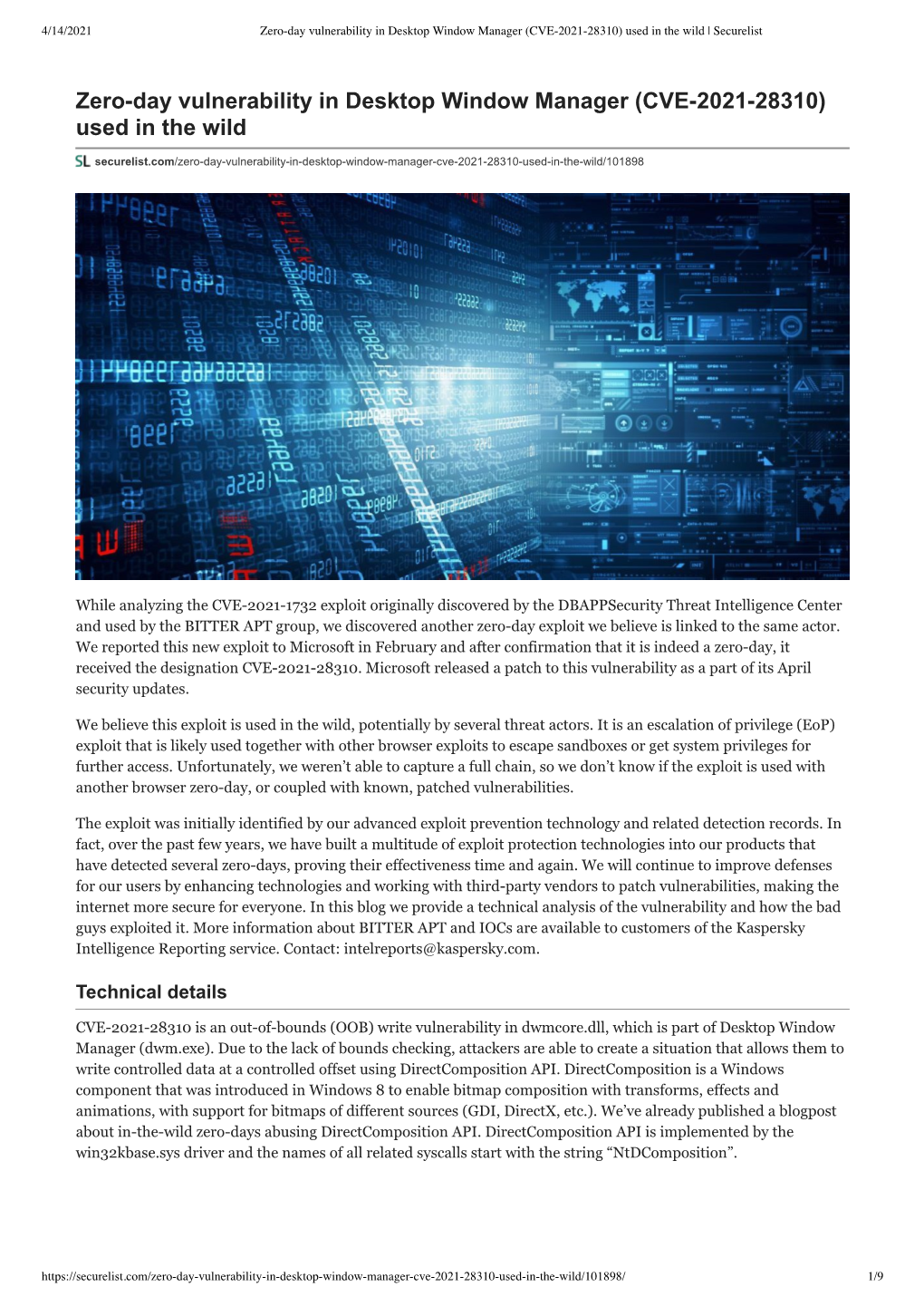 Zero-Day Vulnerability in Desktop Window Manager (CVE-2021-28310) Used in the Wild | Securelist