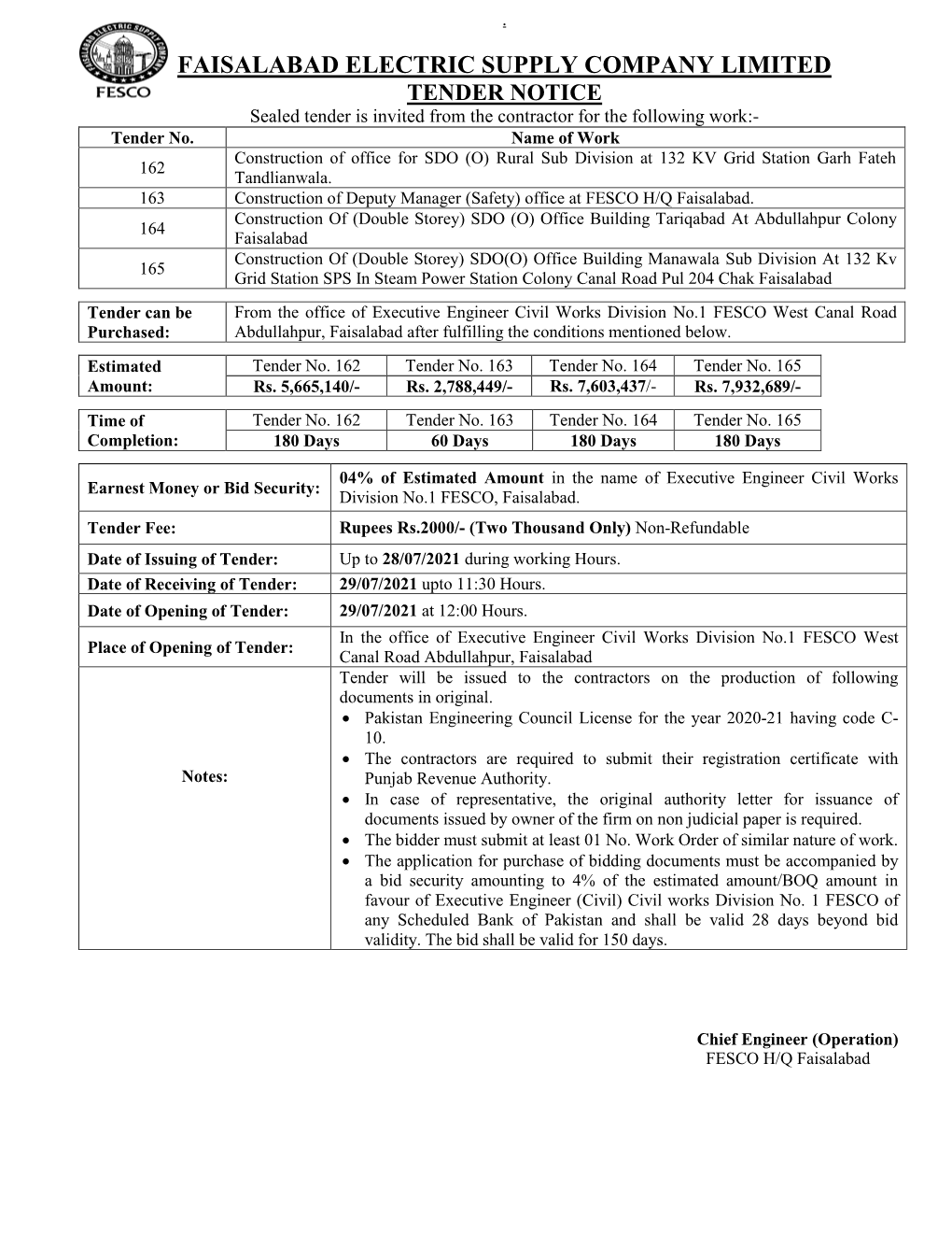 FAISALABAD ELECTRIC SUPPLY COMPANY LIMITED TENDER NOTICE Sealed Tender Is Invited from the Contractor for the Following Work:- Tender No