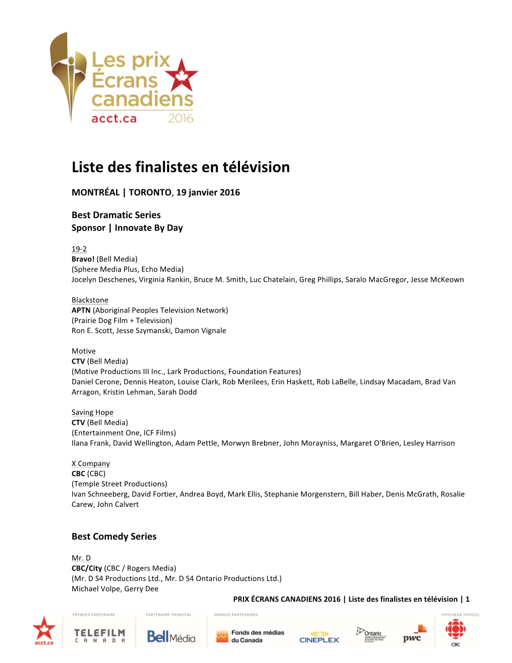 Liste Des Finalistes En Télévision