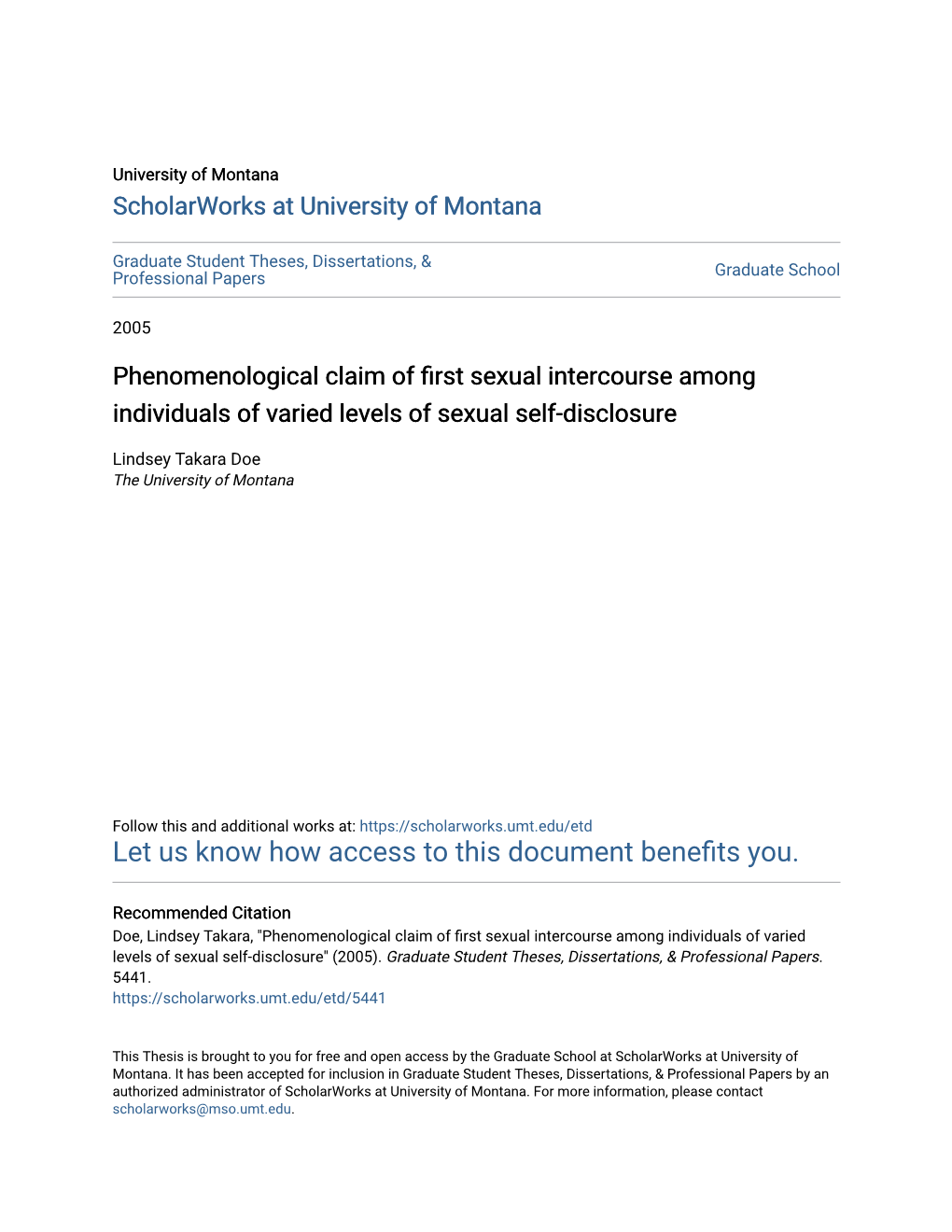 Phenomenological Claim of First Sexual Intercourse Among Individuals of Varied Levels of Sexual Self-Disclosure